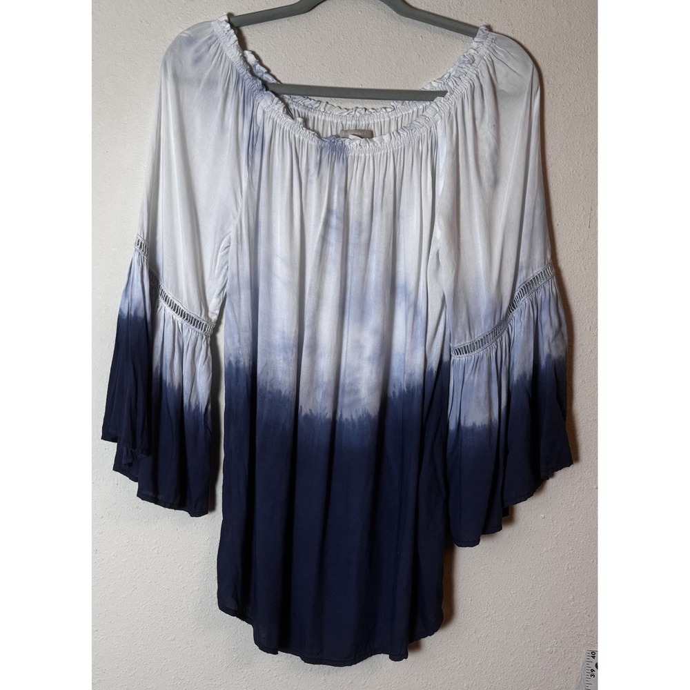 Joan Vass New York Tie Dye Peasant Blouse Blue White Boho Top S